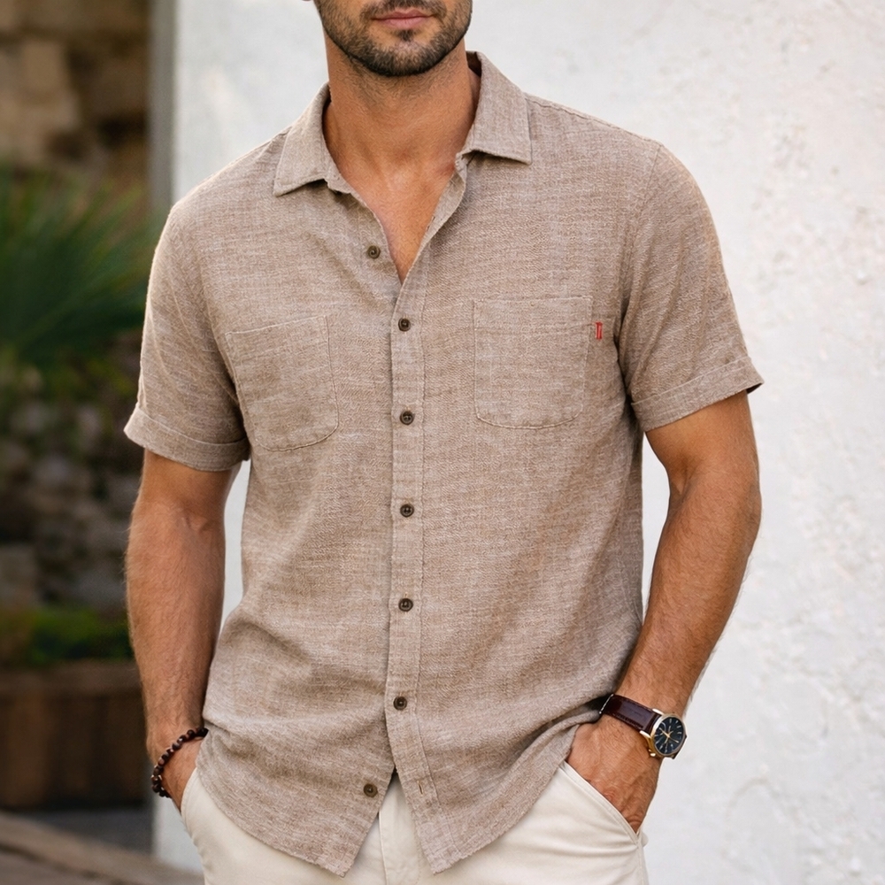Lost Linen Cotton Blend Button Front Shirt Mens Large Tan Brown Short Sleeve Top